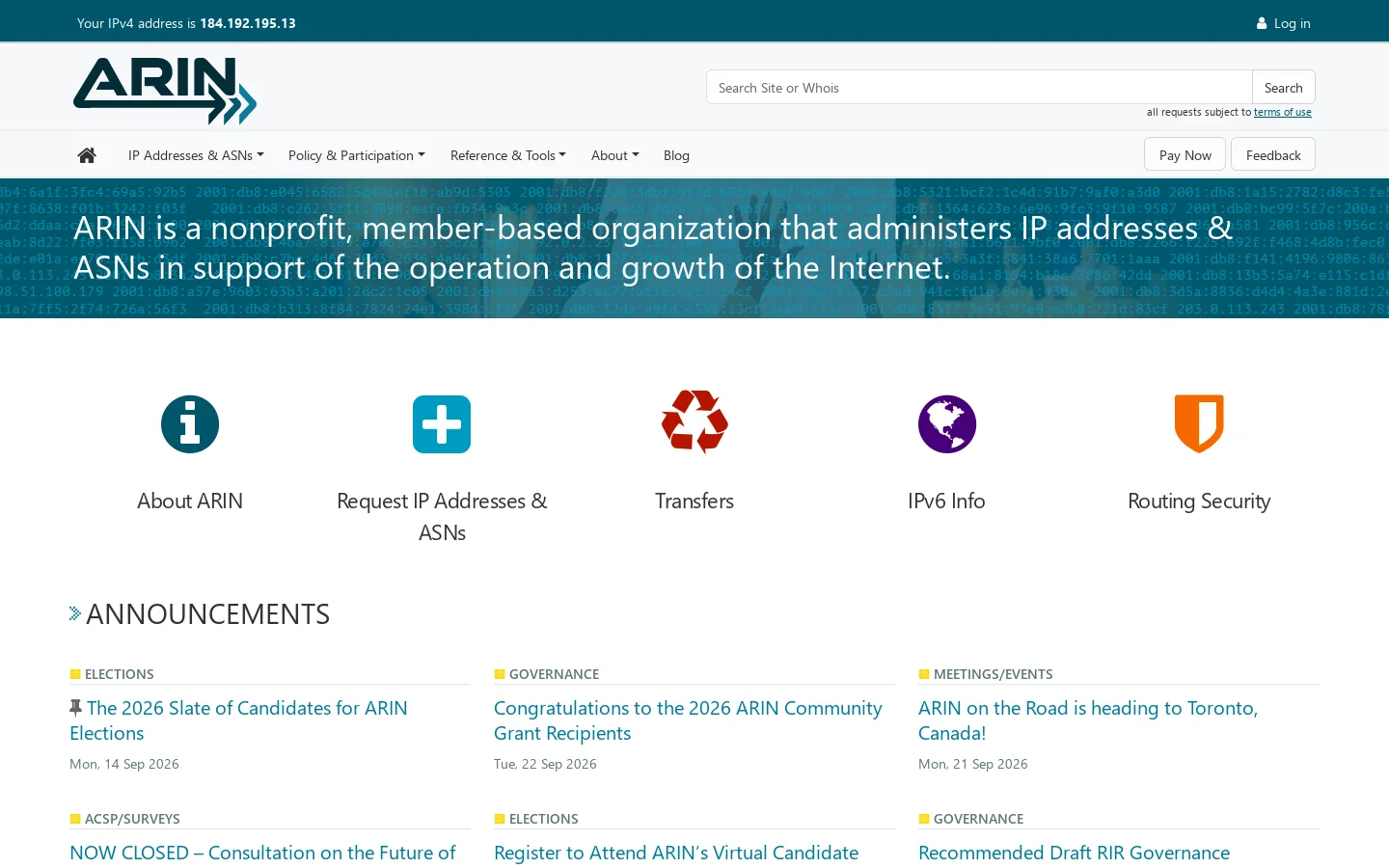 American Registry for Internet Numbers Homepage screenshot