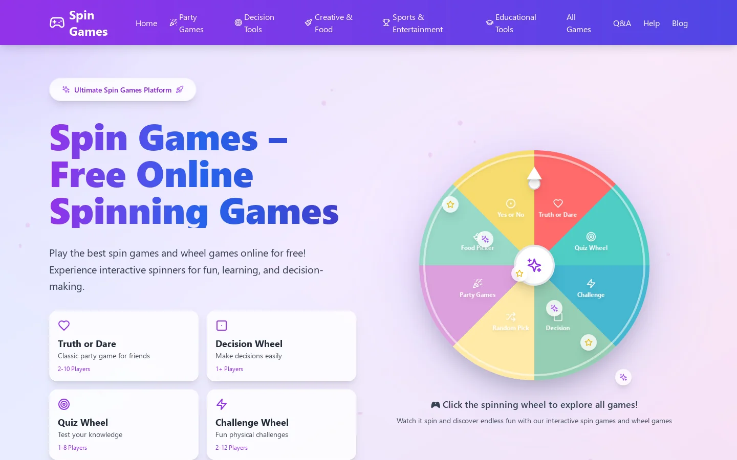 Spin Games – Free Spinning Games & Truth or Dare Wheel Fun Homepage screenshot