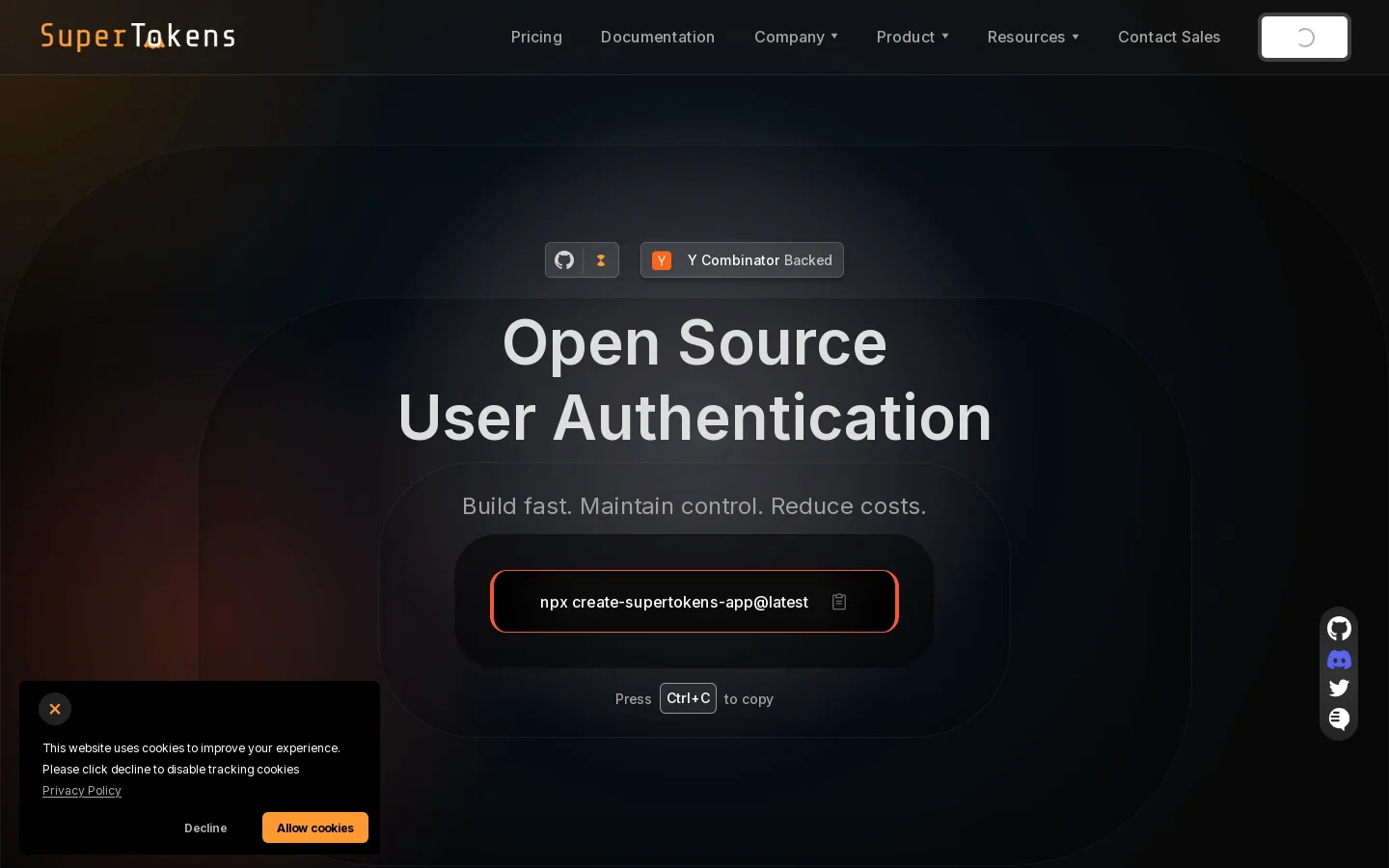 SuperTokens, Open Source User Authentication Homepage screenshot