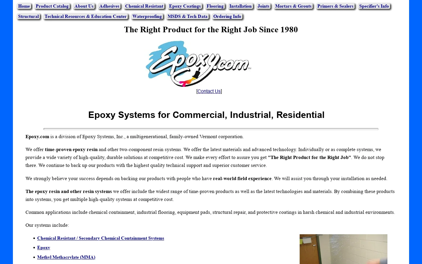 Epoxy.com Chemical Resistant Floors Coatings Bonding Resins Repairs Homepage screenshot