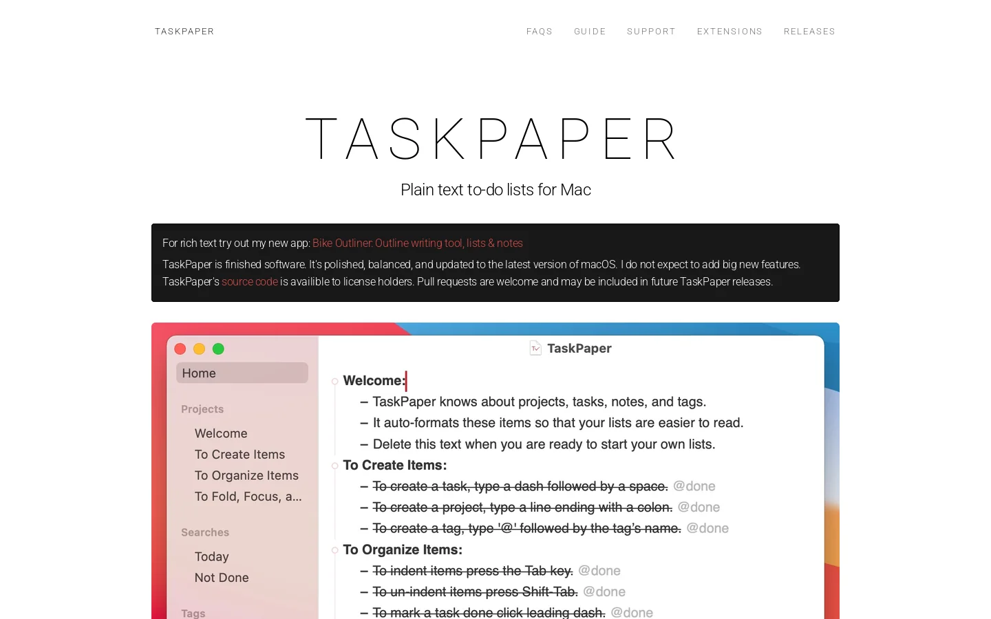 TaskPaper Homepage screenshot