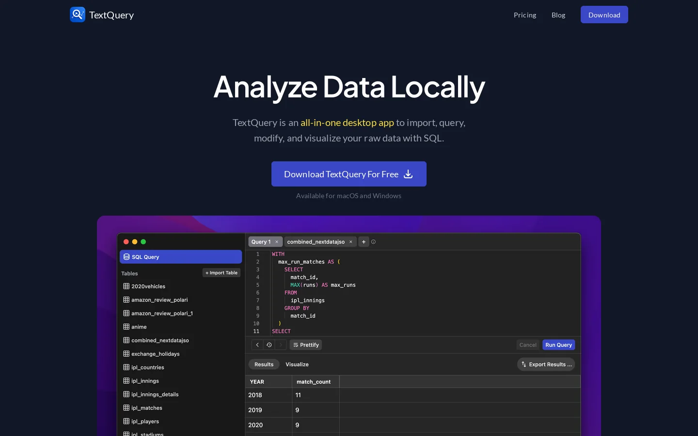 TextQuery Homepage screenshot