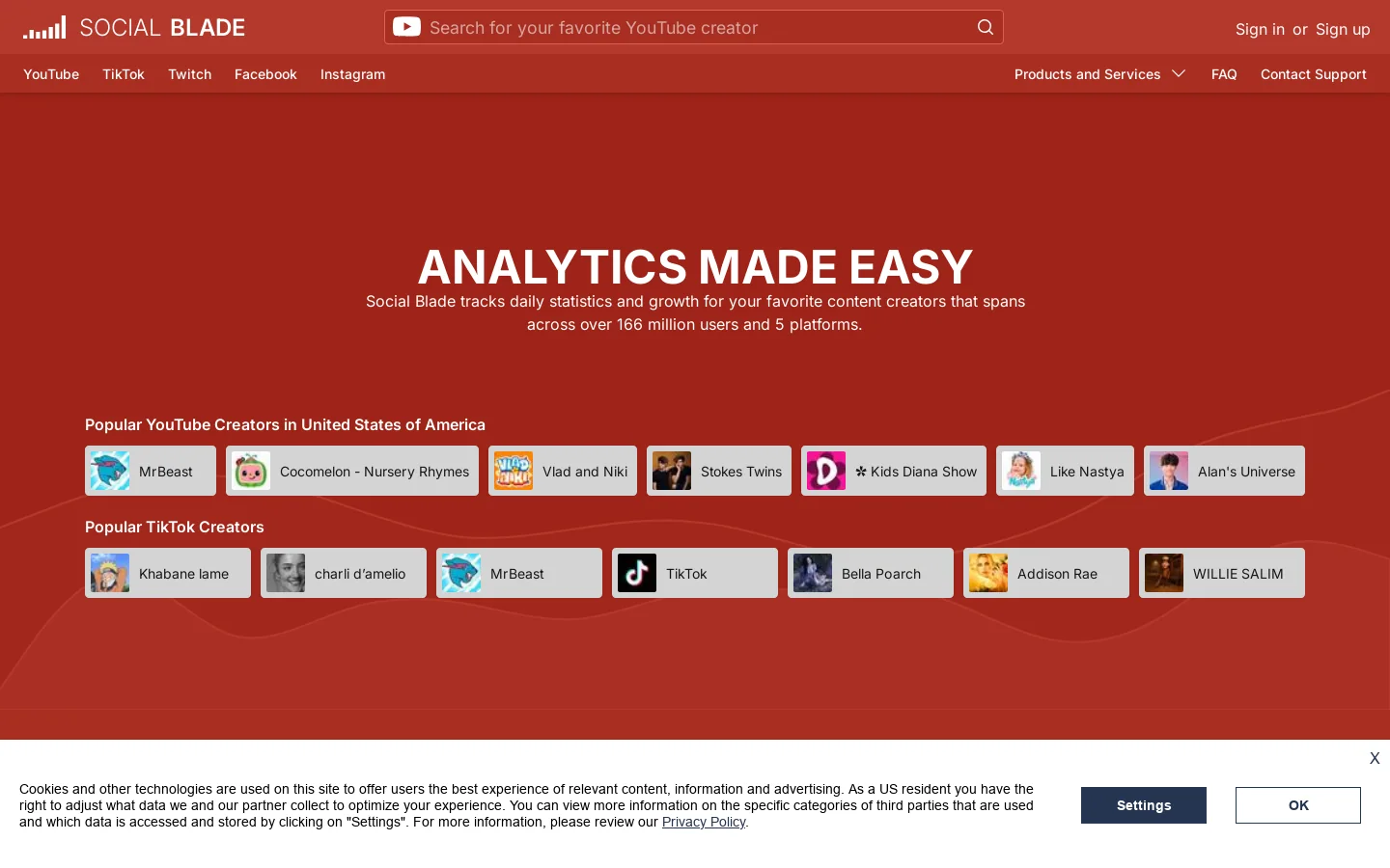 SocialBlade.com Homepage screenshot