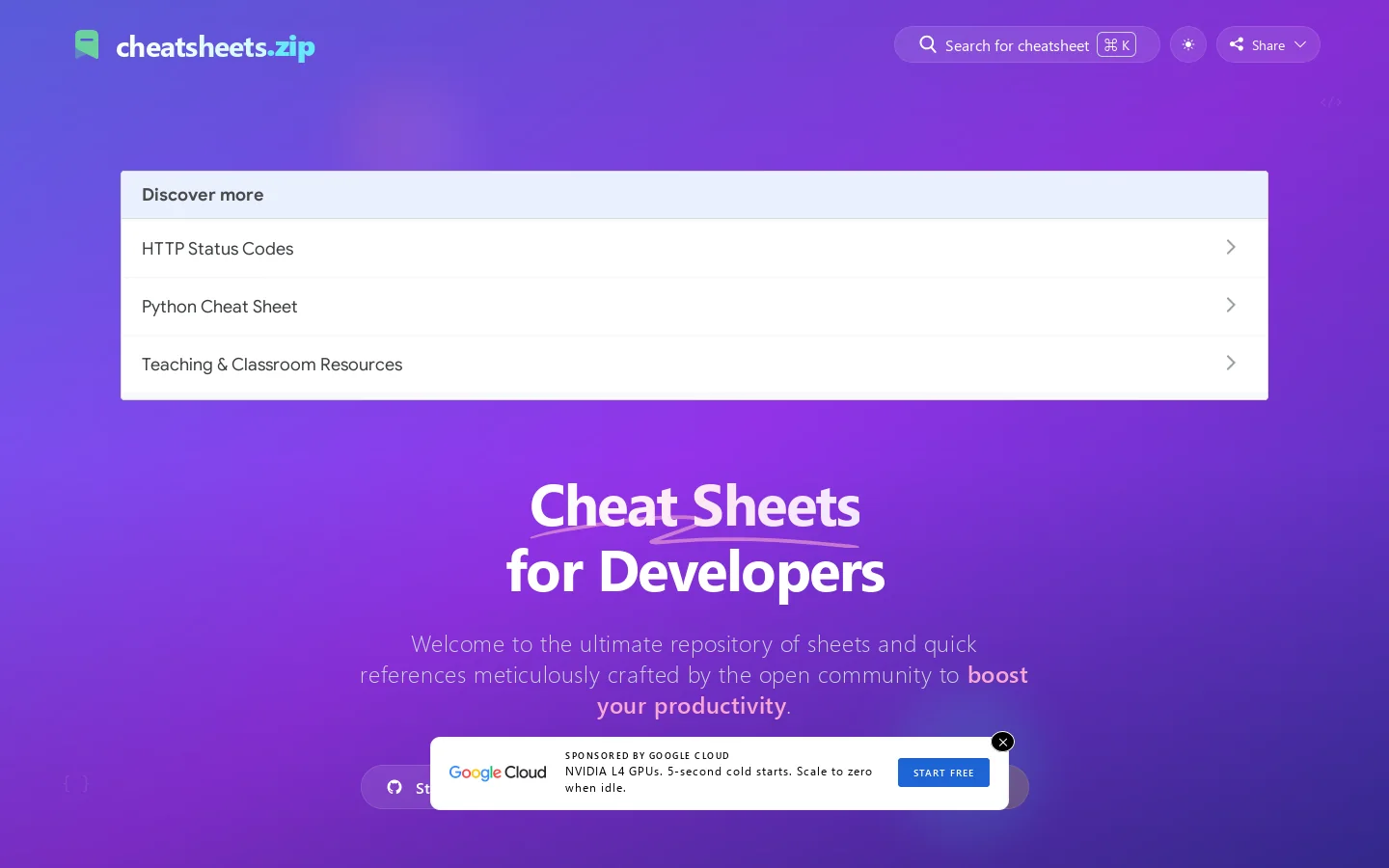 CheatSheets.zip Homepage screenshot