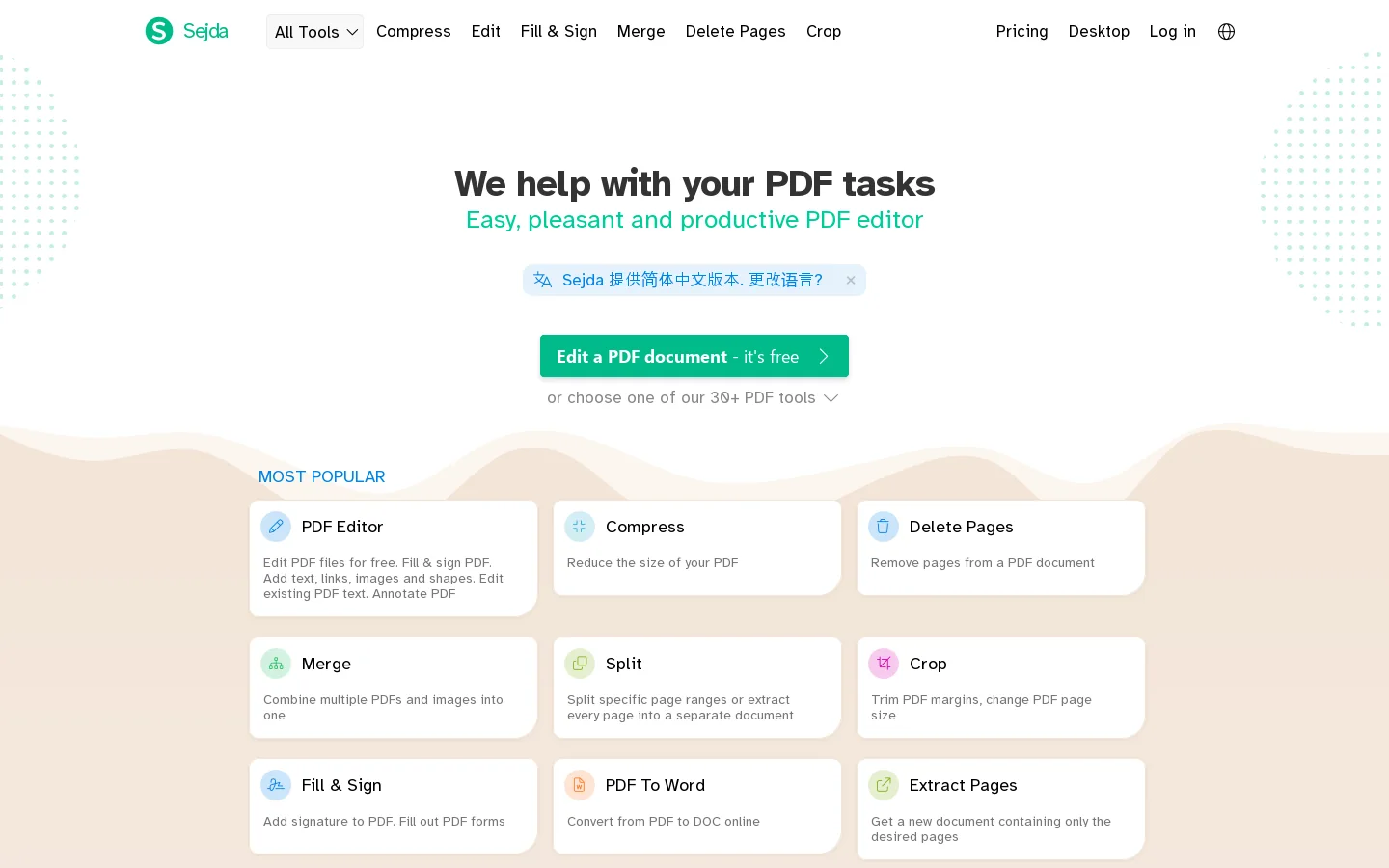 Sejda helps with your PDF tasks Homepage screenshot