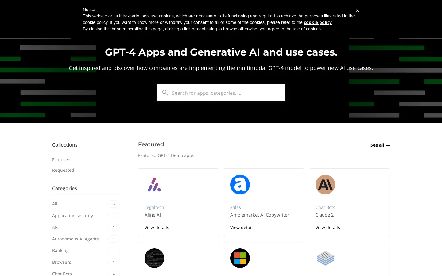 GPT-4 Examples, Demos, Apps, Showcase, and Generative AI Use-cases | Discover GPT-4 use cases Homepage screenshot