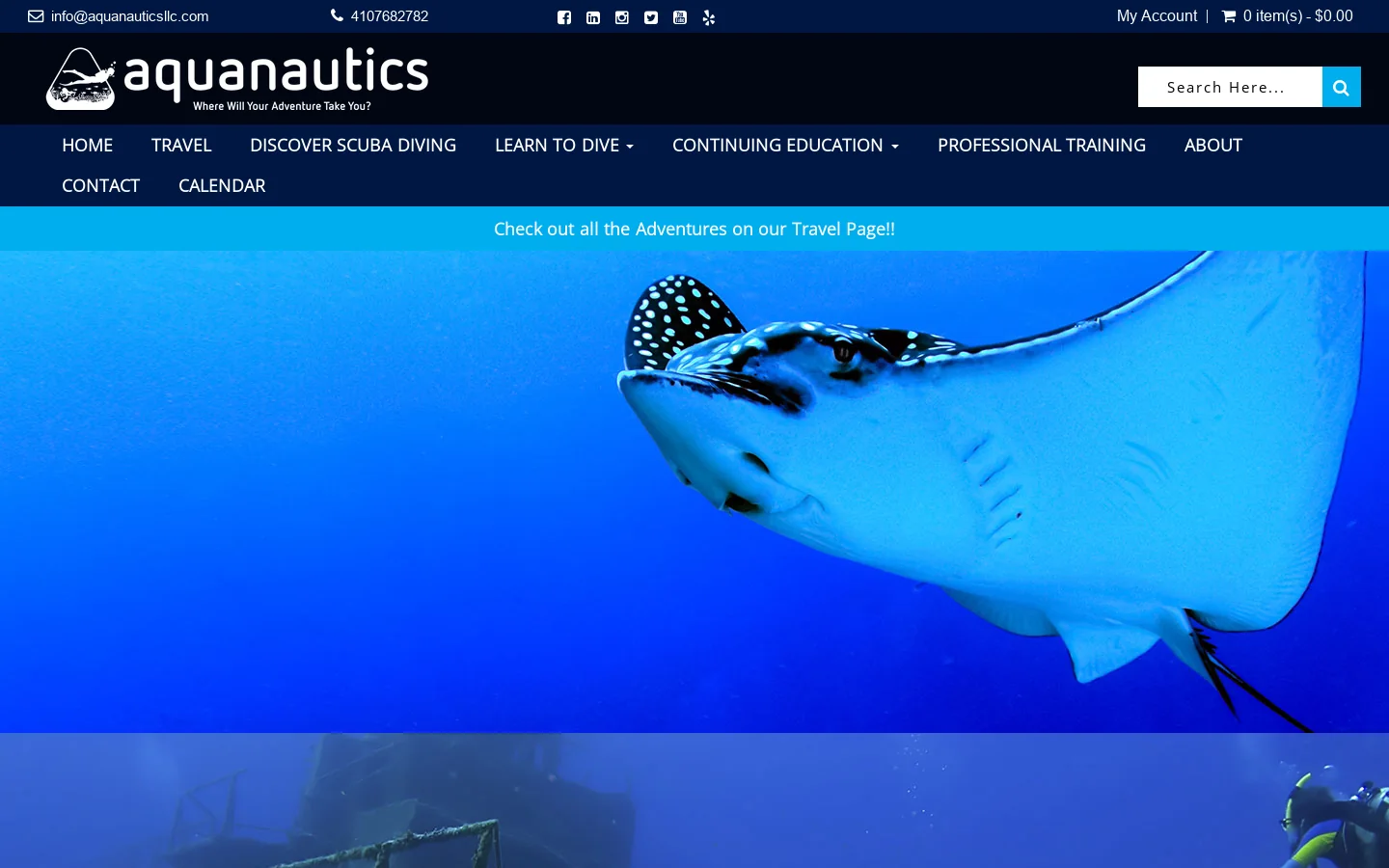 Aquanautics SCUBA Center Homepage screenshot