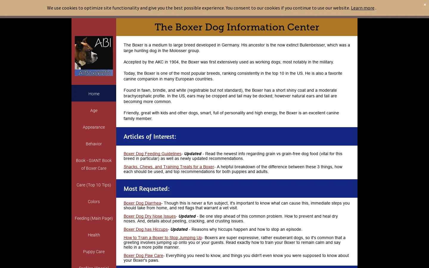 Boxer Dog Information Center | Every Boxer Topic in the World Homepage screenshot