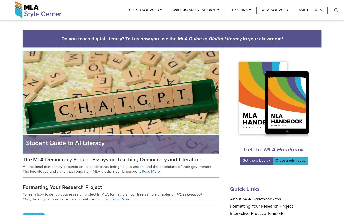 MLA Style Center | MLA Style Center, the only authorized Web site on MLA style, provides free resources on research, writing, and documentation. Homepage screenshot