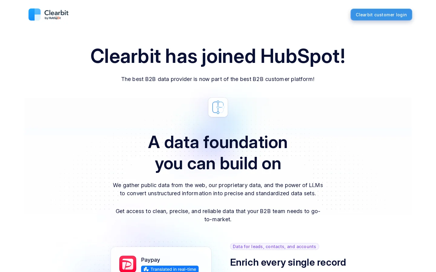 Clearbit has joined HubSpot Homepage screenshot