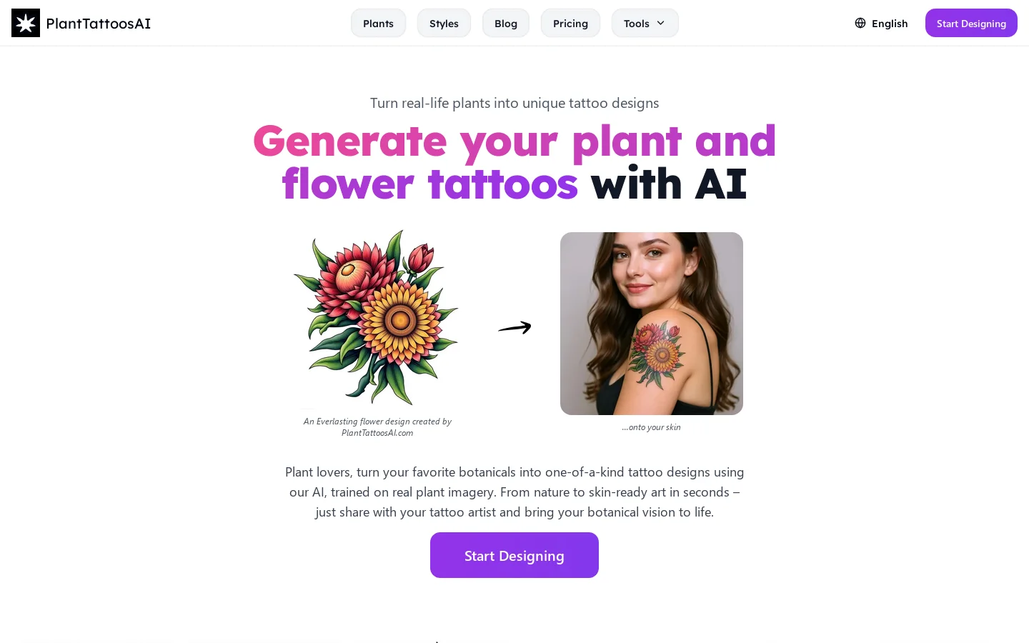 PlantTattoosAI Homepage screenshot