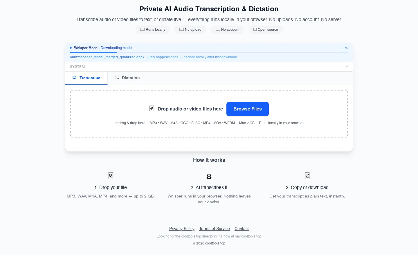Private AI Audio Transcription — Runs Locally in Your Browser, Free Homepage screenshot
