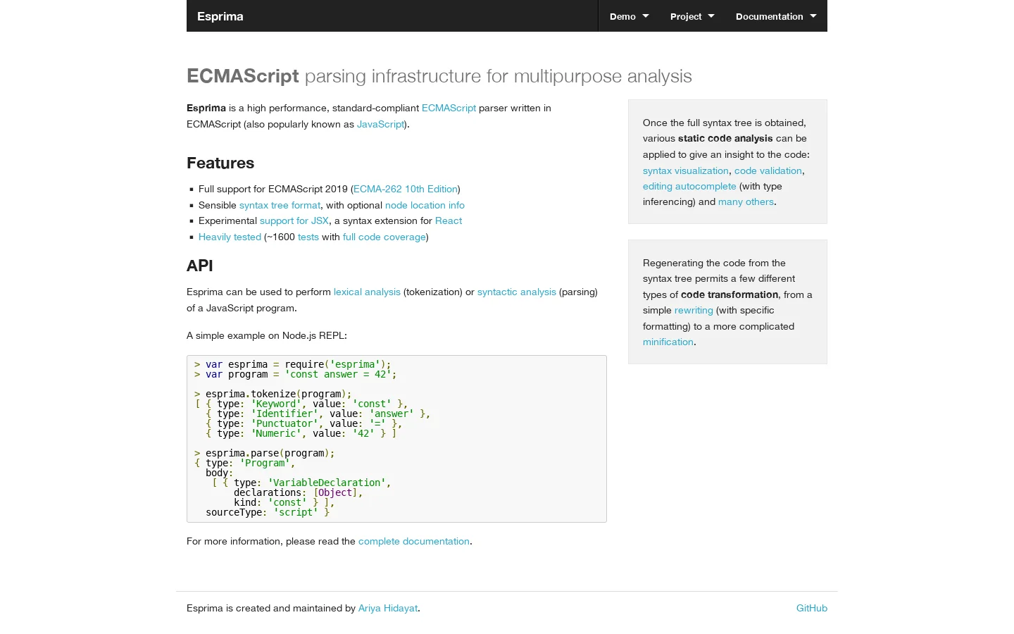 Esprima Homepage screenshot