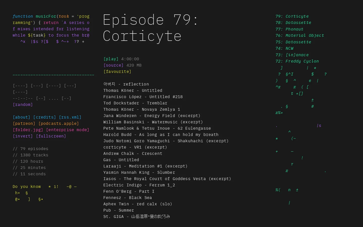 musicForProgramming(); Homepage screenshot