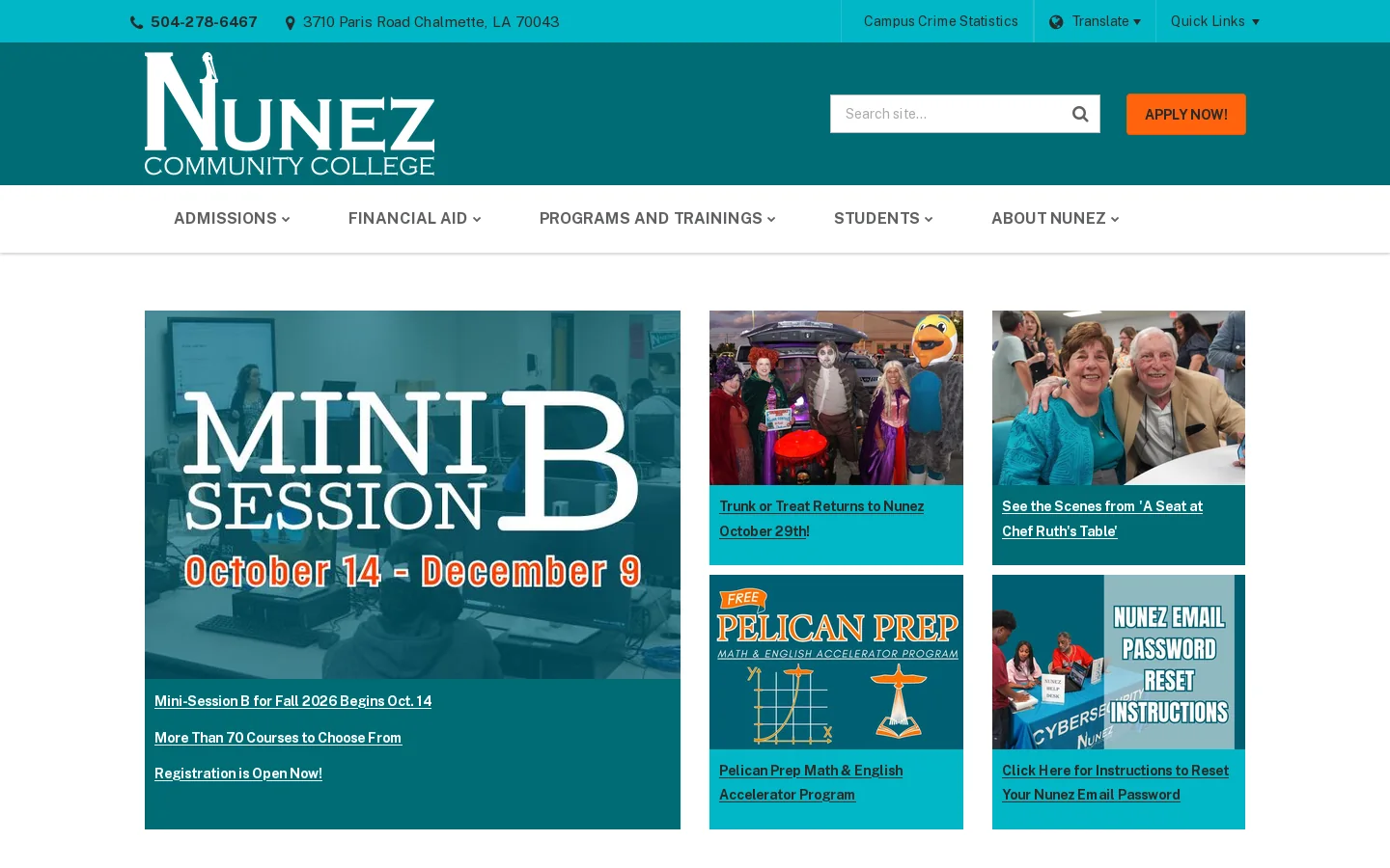 Nunez Community College Homepage screenshot