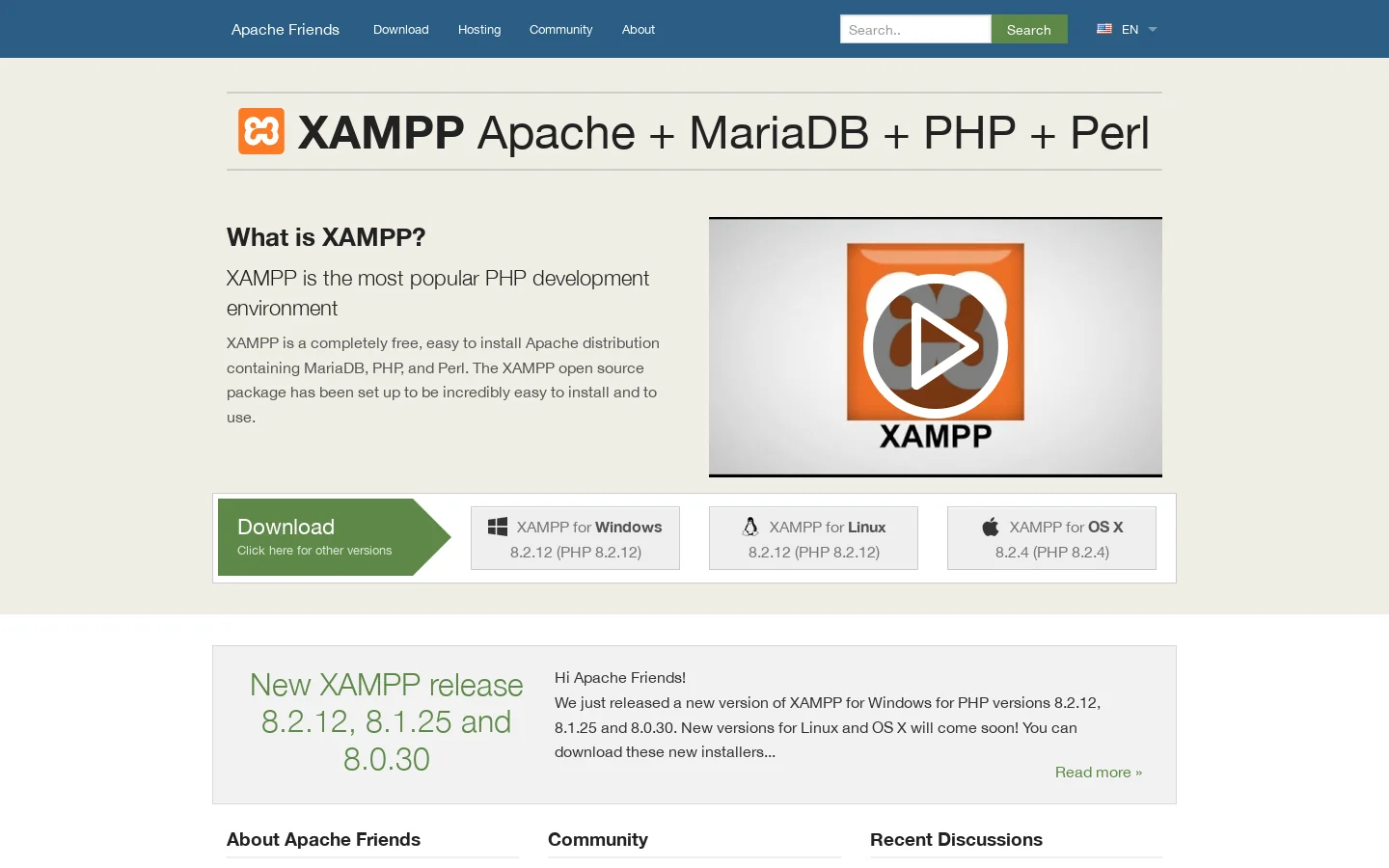 XAMPP Installers and Downloads for Apache Friends Homepage screenshot