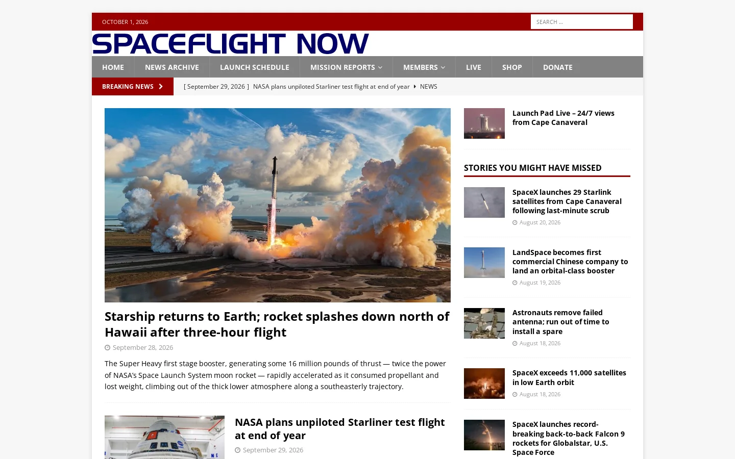 Spaceflight Now Homepage screenshot
