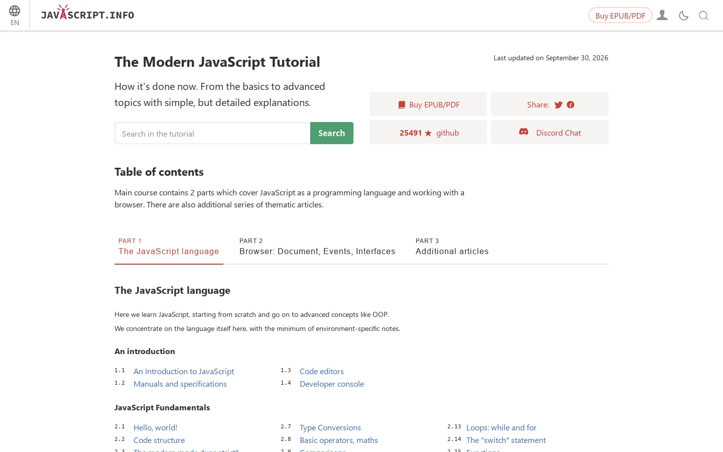 The Modern JavaScript Tutorial Homepage screenshot