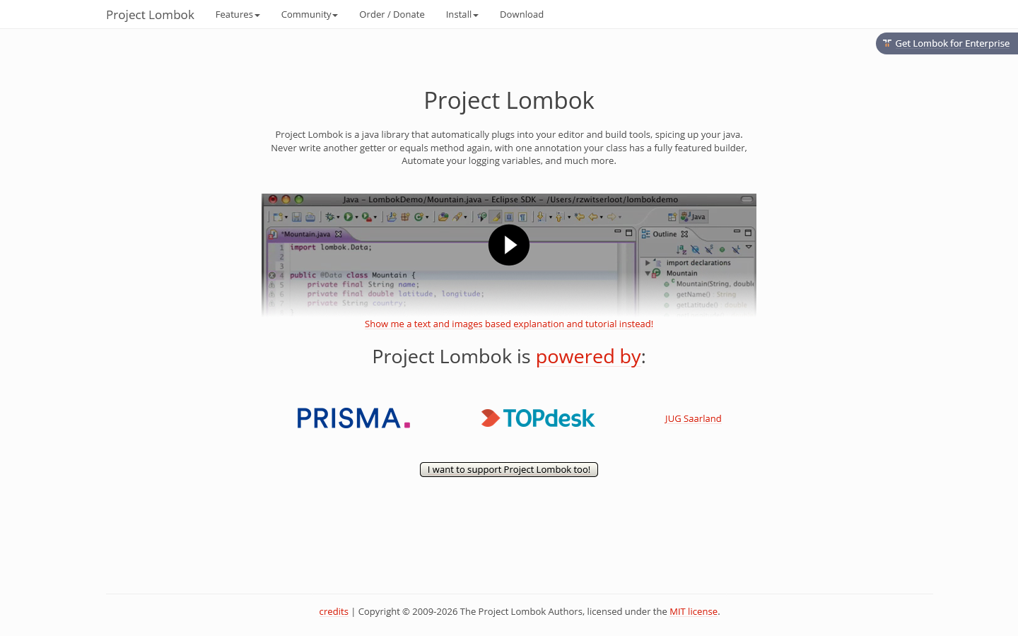 Project Lombok Homepage screenshot
