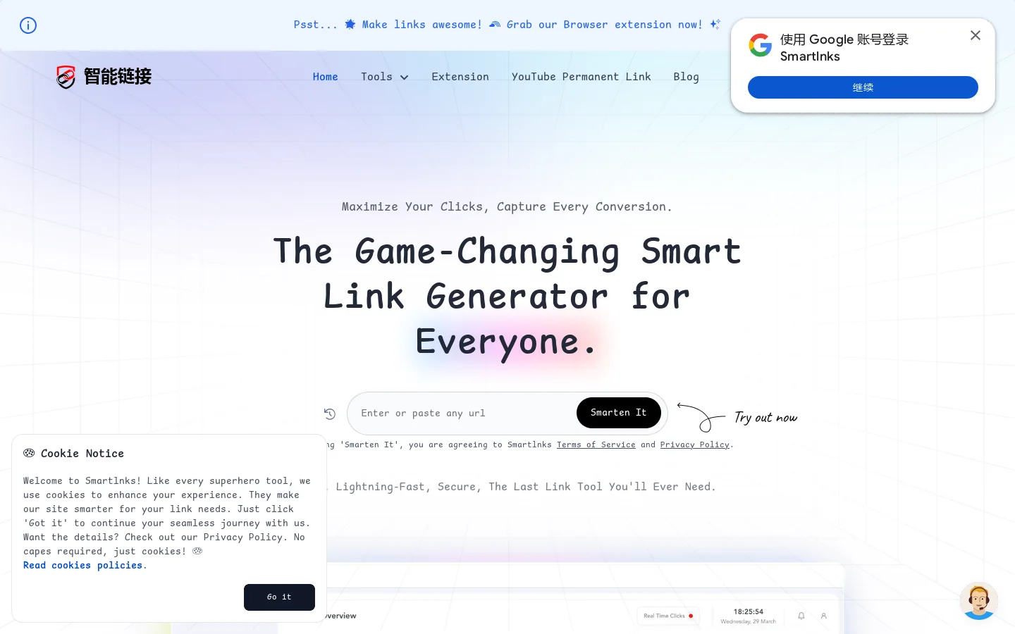 The Smartest, Secure Smart Link Generator and App Opener Homepage screenshot