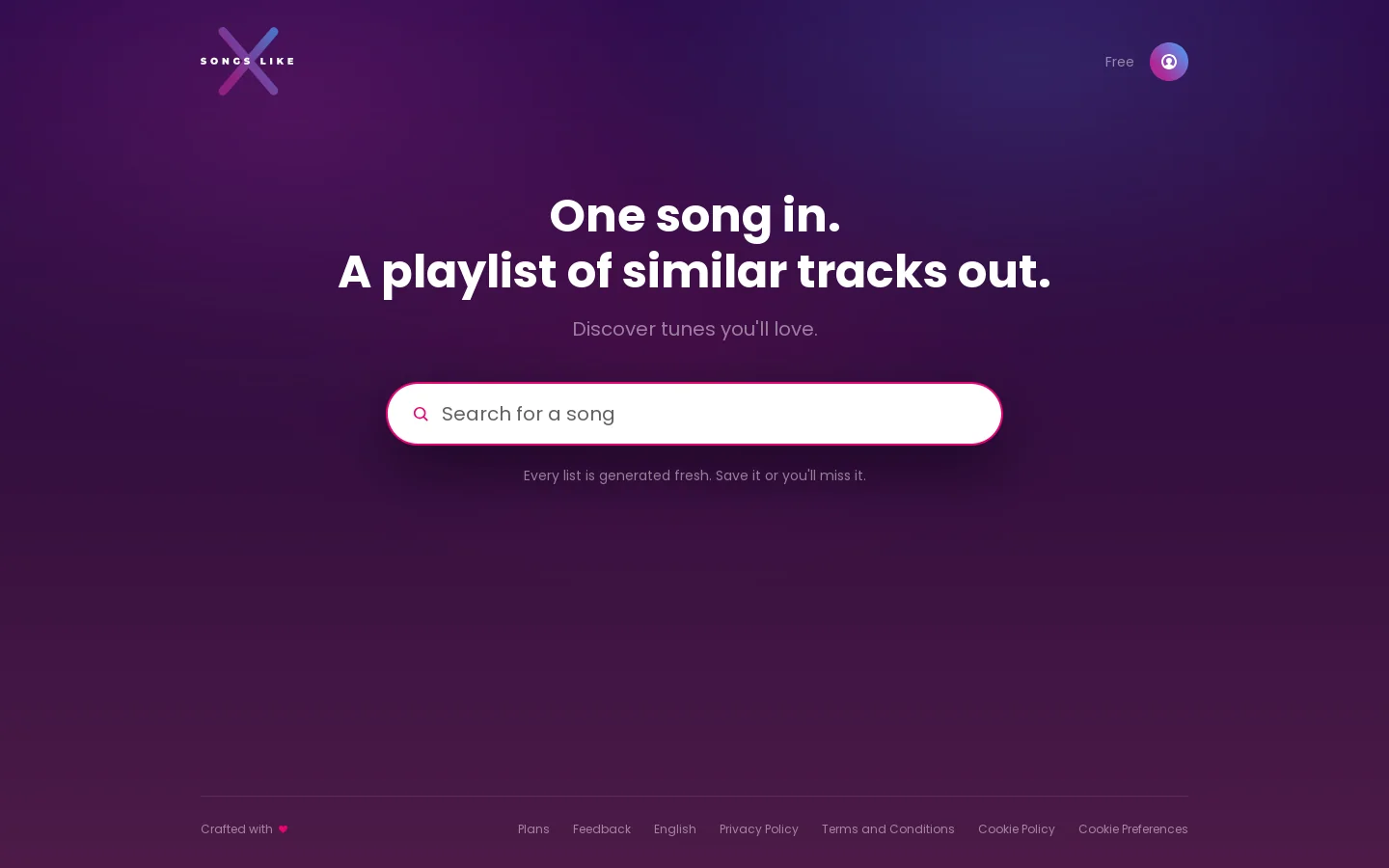 Songs Like X Homepage screenshot