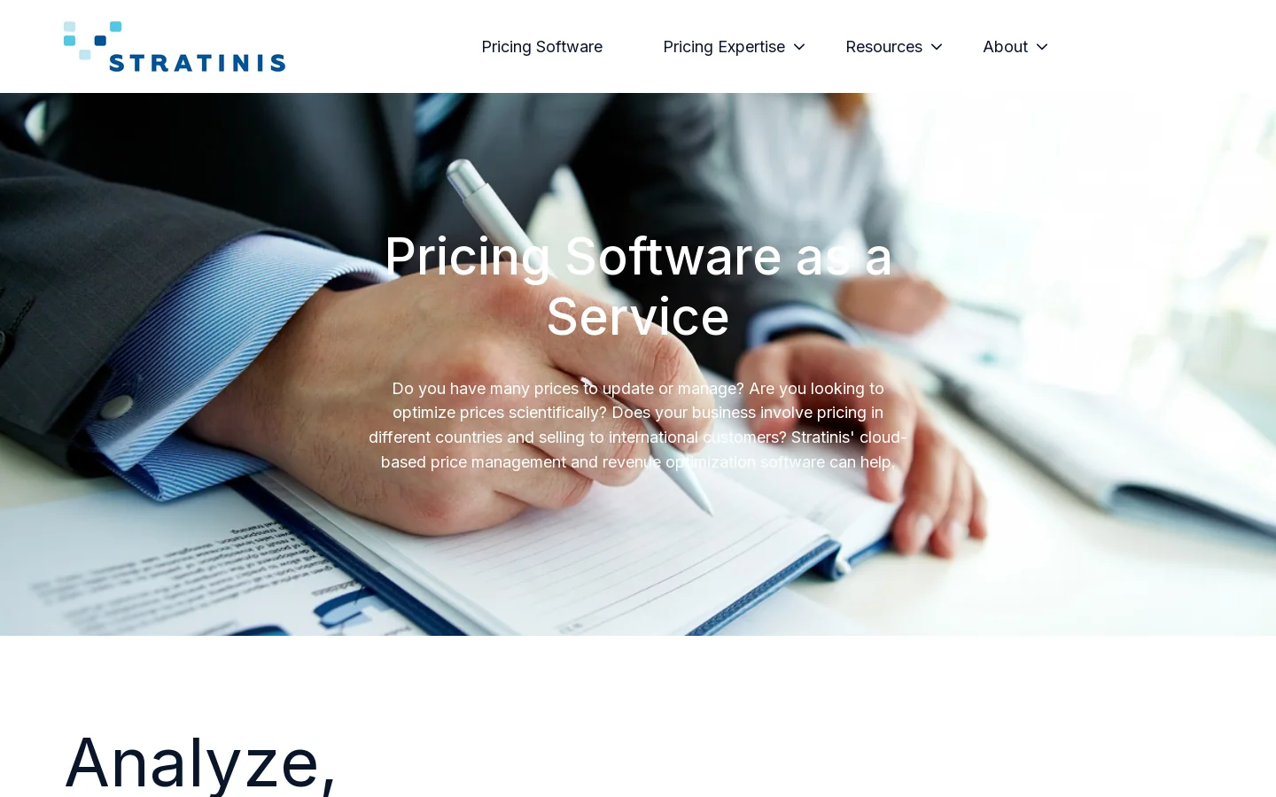 Stratinis Price Optimization Software and Revenue Management Solutions Homepage screenshot