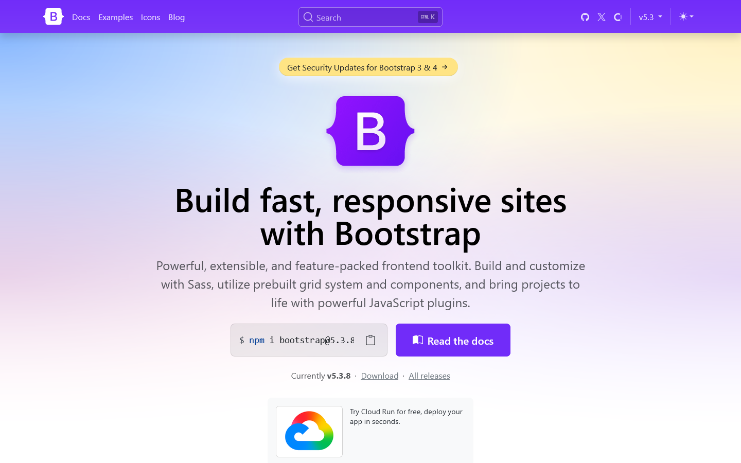 Bootstrap · The most popular HTML, CSS, and JS library in the world. Homepage screenshot