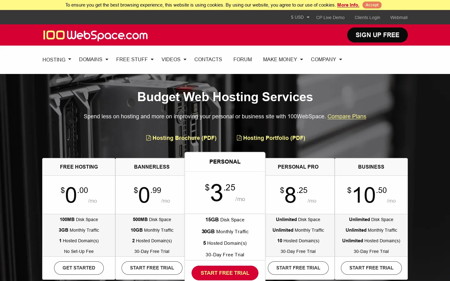 Budget web hosting services and domain names from 100WebSpace Homepage screenshot
