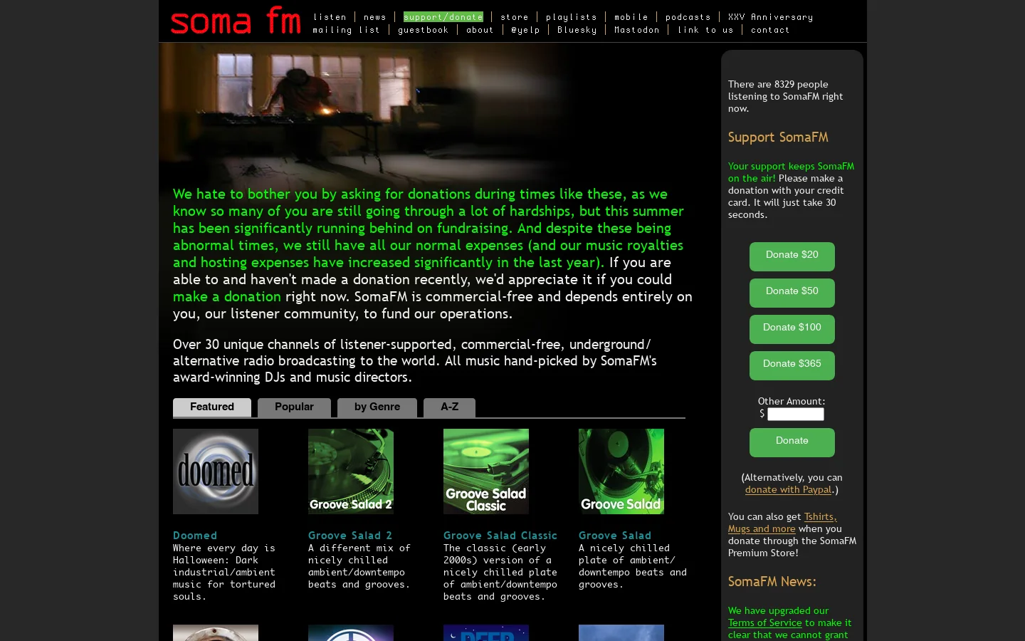 SomaFM Homepage screenshot