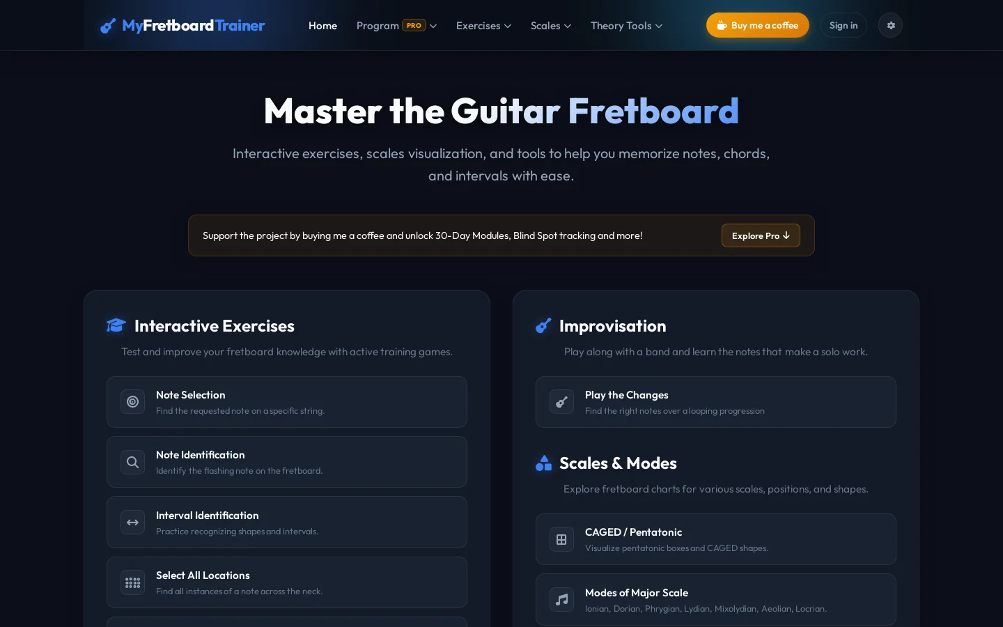 My Fretboard Trainer Homepage screenshot