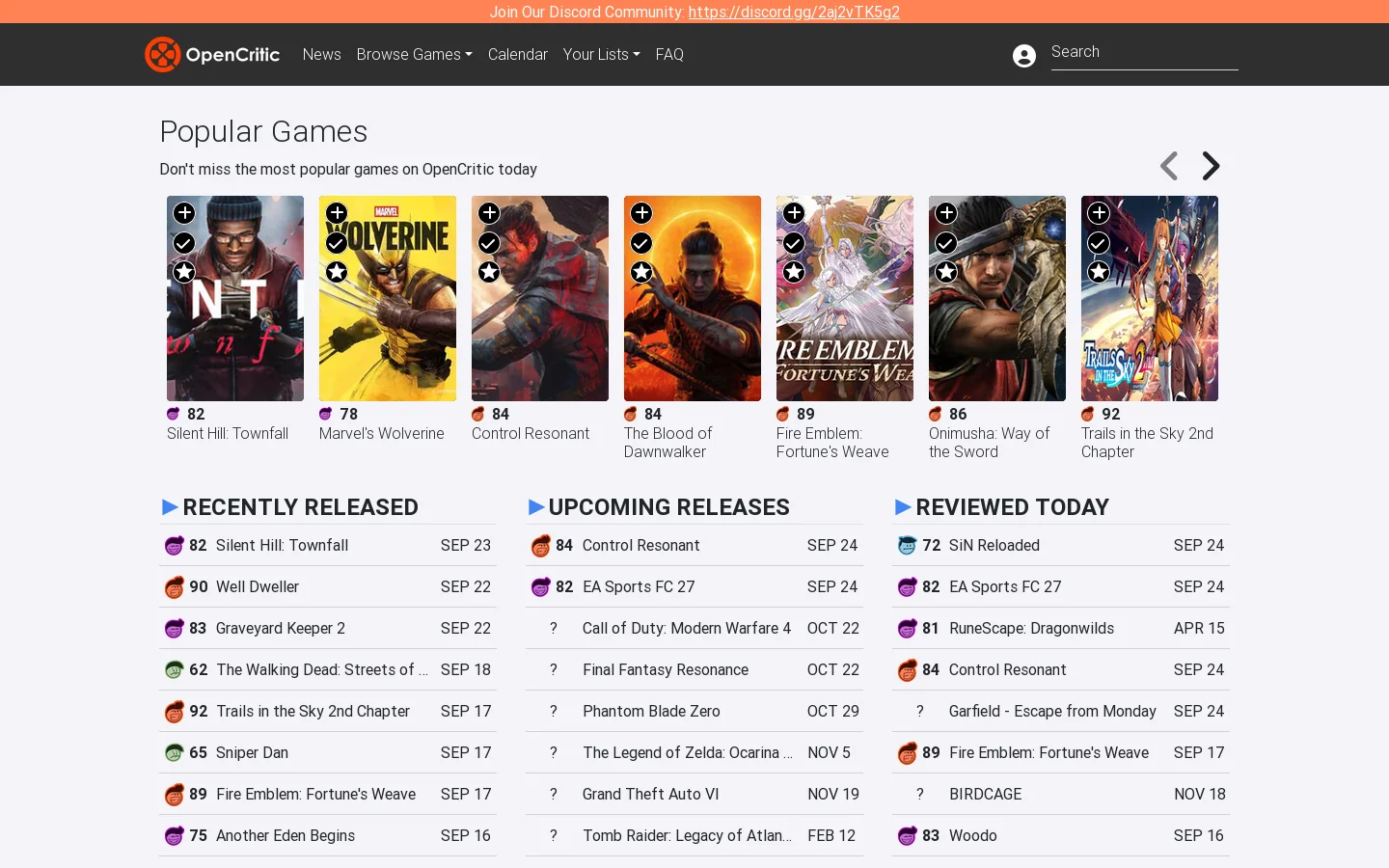 OpenCritic Homepage screenshot