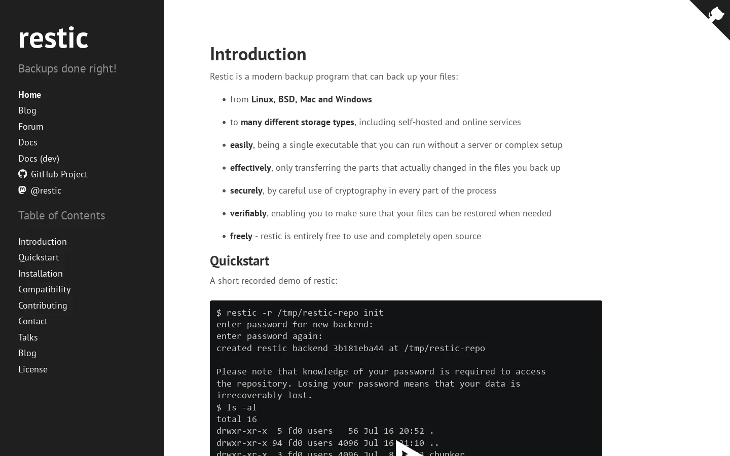 restic Homepage screenshot