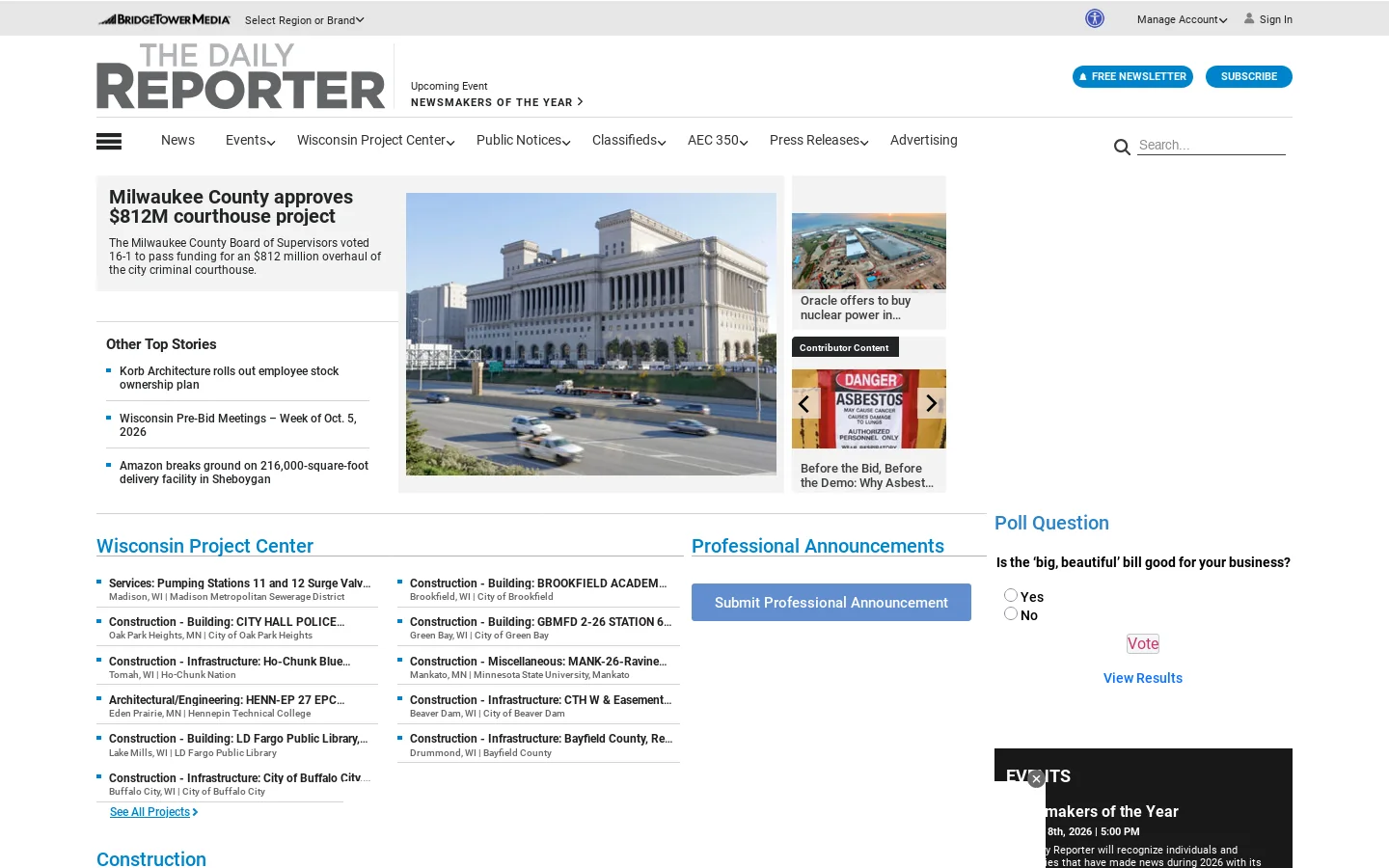 The Daily Reporter - WI Construction News and Bids Homepage screenshot
