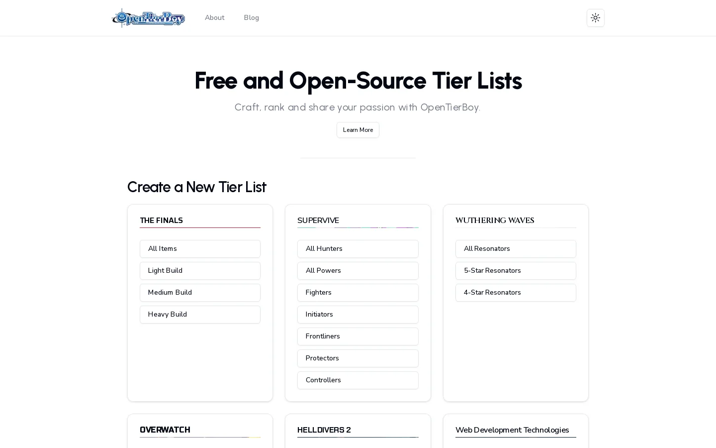OpenTierBoy Homepage screenshot