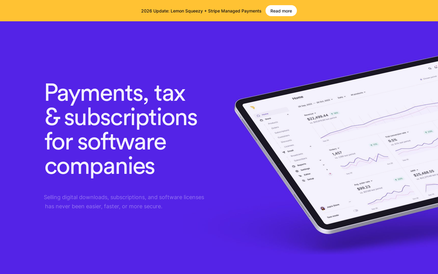 Payments, tax & subscriptions for software companies • Lemon Squeezy Homepage screenshot