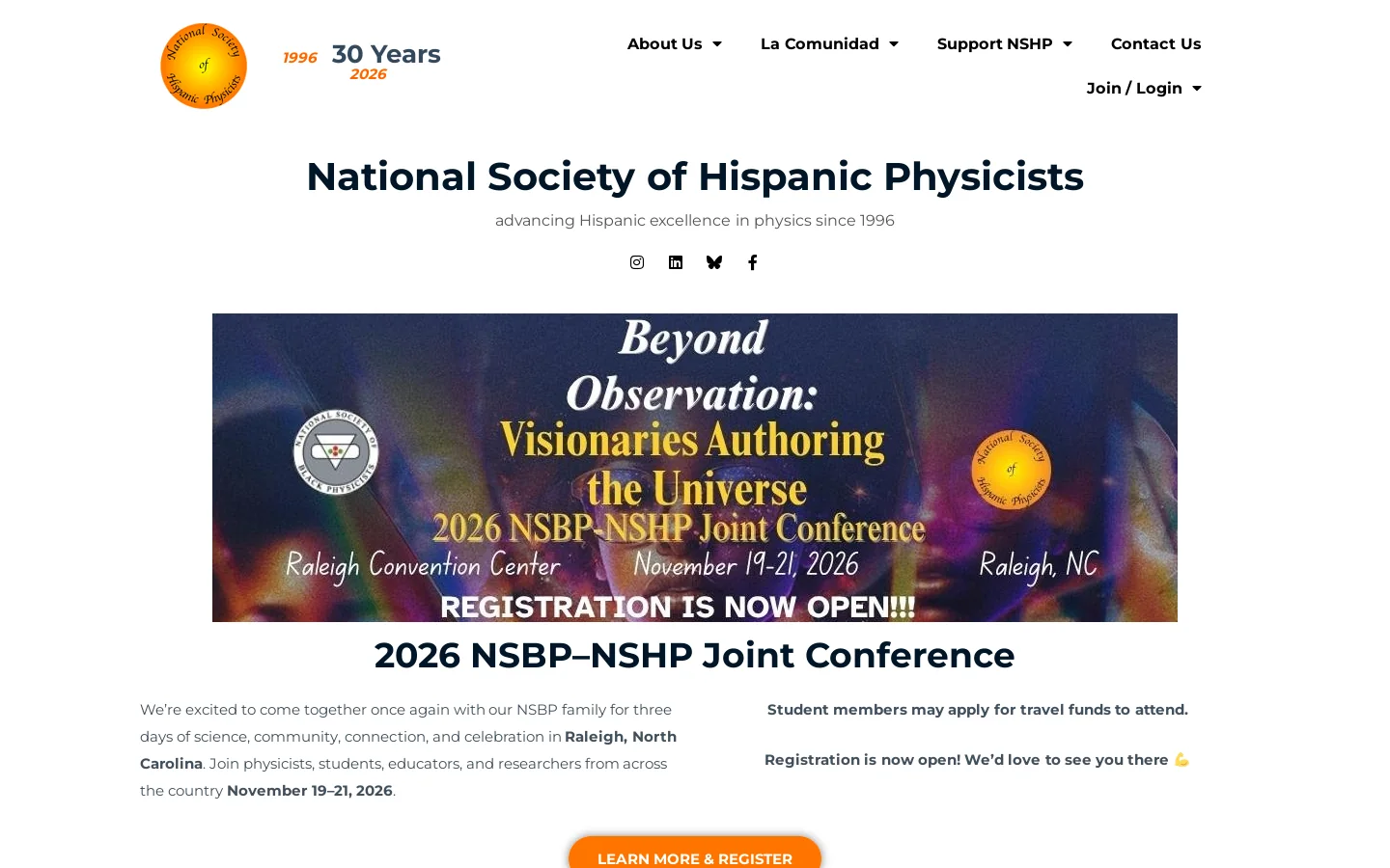 National Society of Hispanic Physicists | NSHP – Advancing Hispanic Excellence in Physics Since 1996 Homepage screenshot