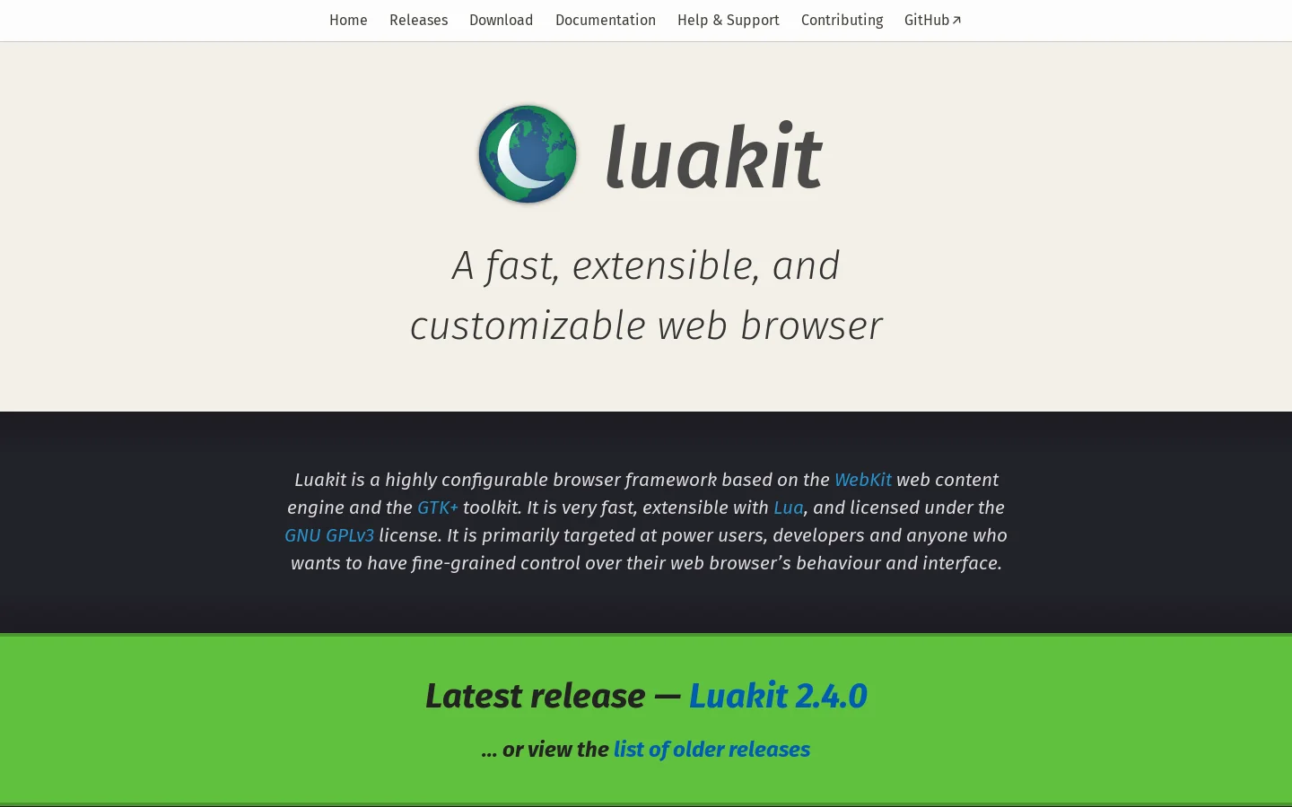 Luakit Web Browser Homepage screenshot