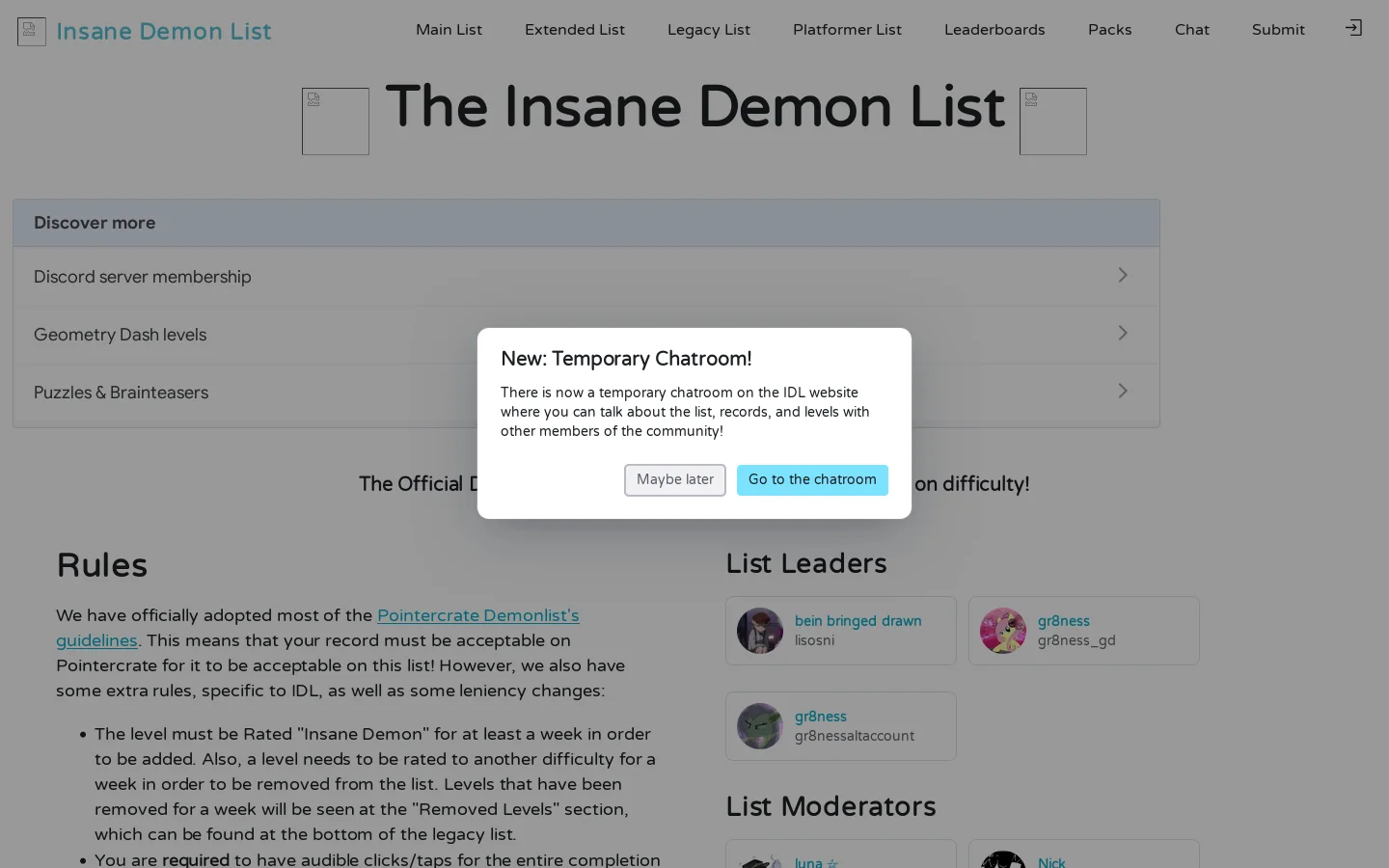 Insane Demon List Homepage screenshot