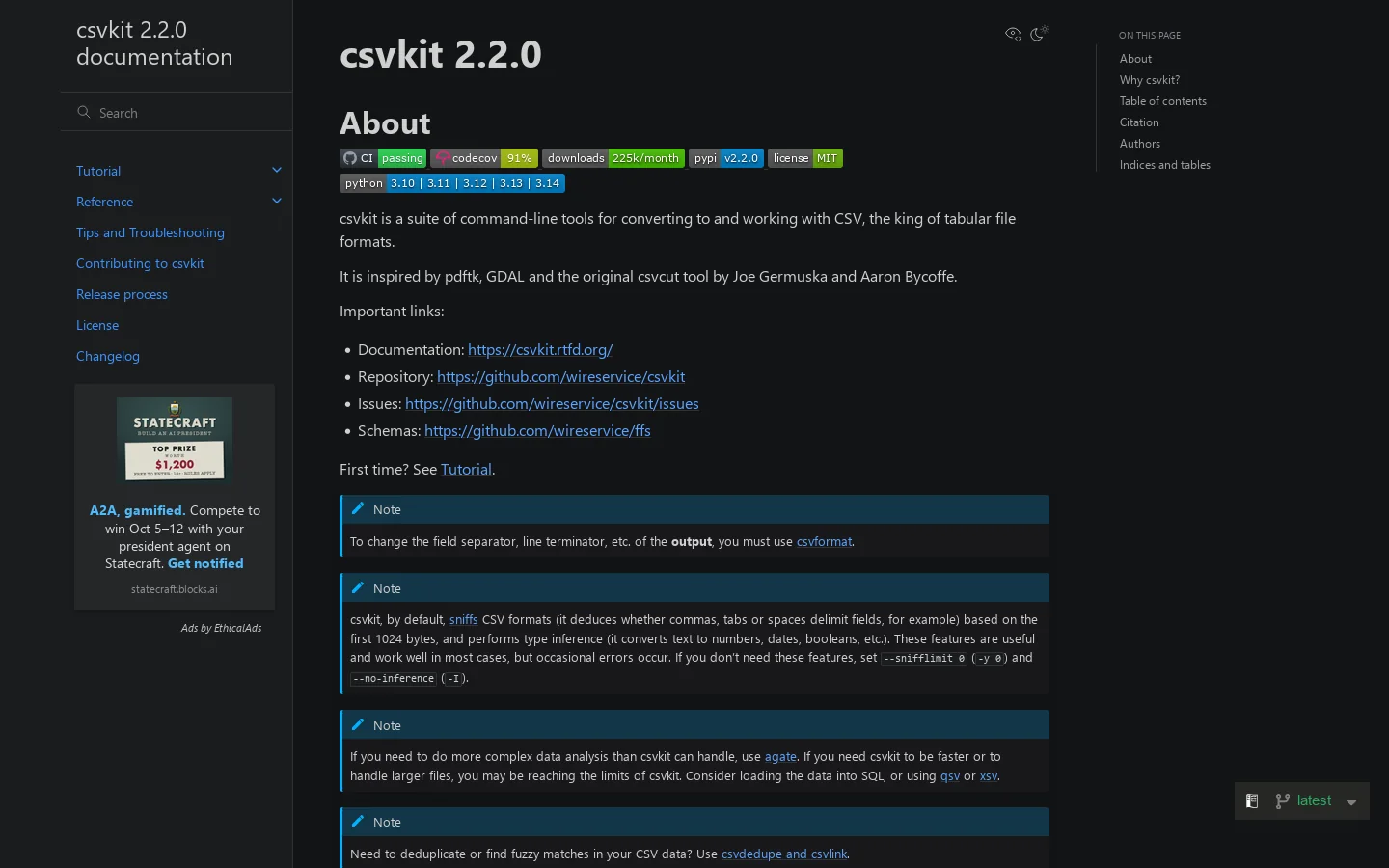 csvkit 2.2.0 documentation Homepage screenshot