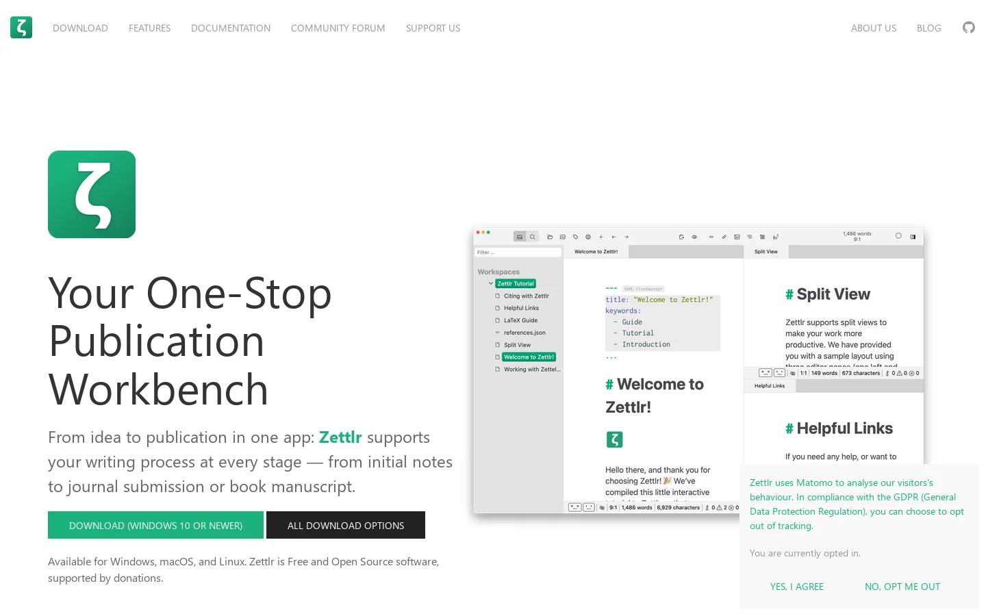Zettlr Homepage screenshot