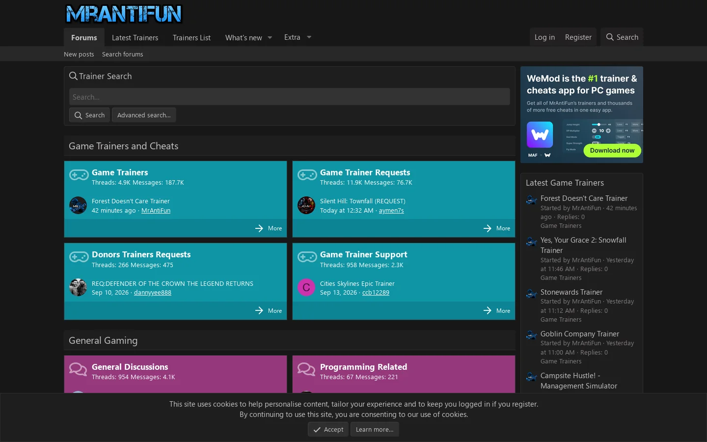 MrAntiFun, PC Video Game Trainers, Cheats and mods Homepage screenshot