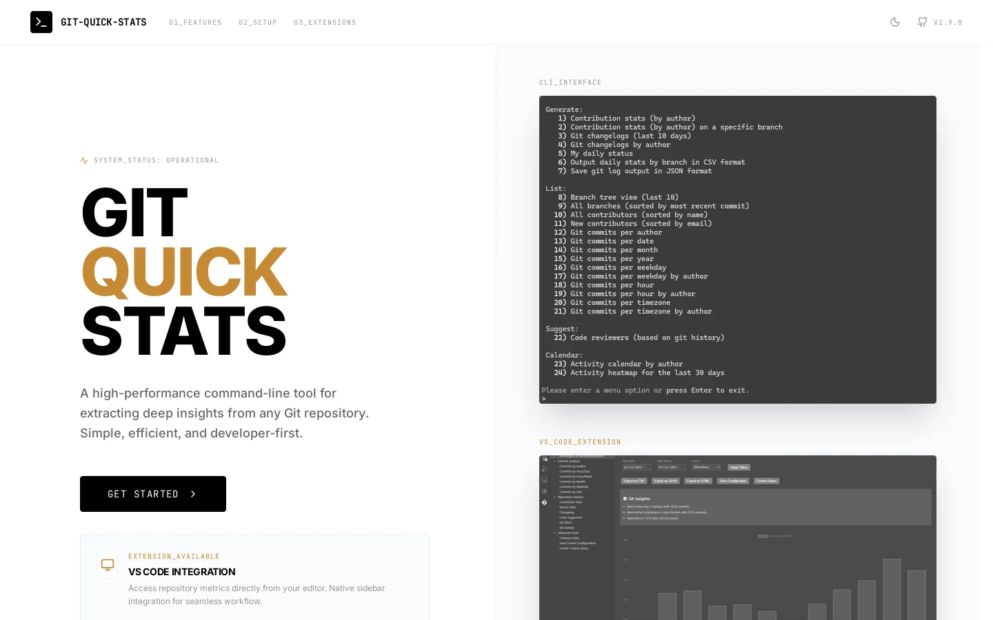 Git quick statistics is a simple and efficient way to access various statistics in git repository. Homepage screenshot