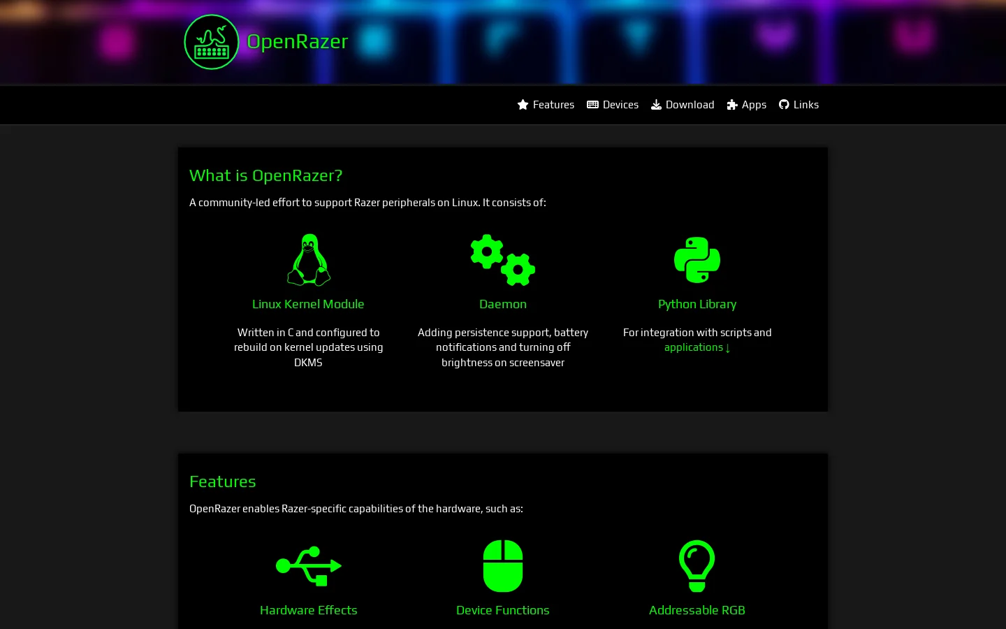 OpenRazer Homepage screenshot
