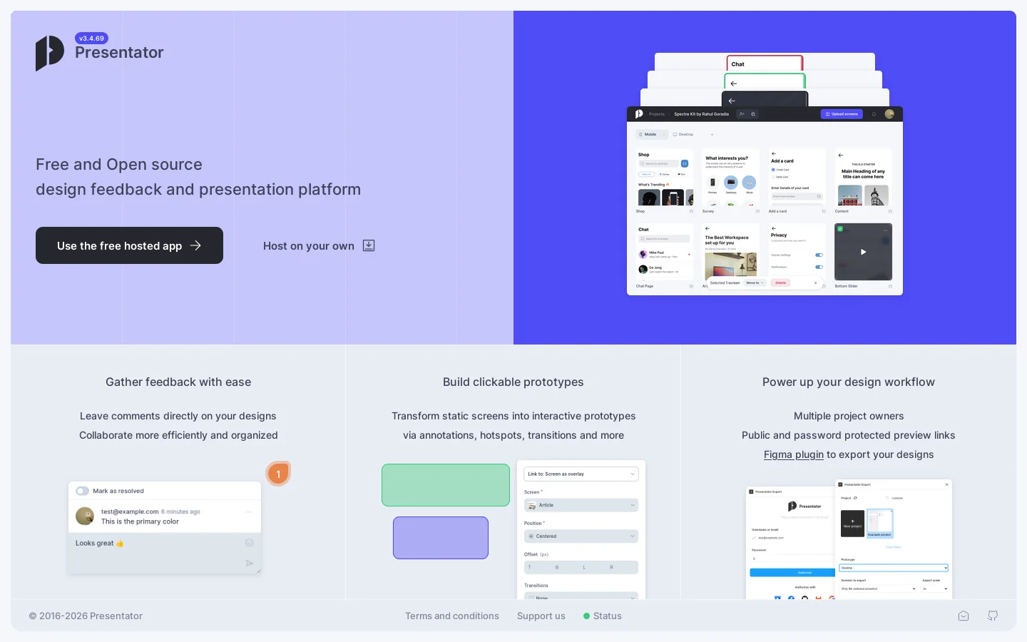 Presentator presentator.io Presentator is a storage, design, or frontend resource for mockups, assets, UI tools, or web search. ↗ Homepage screenshot