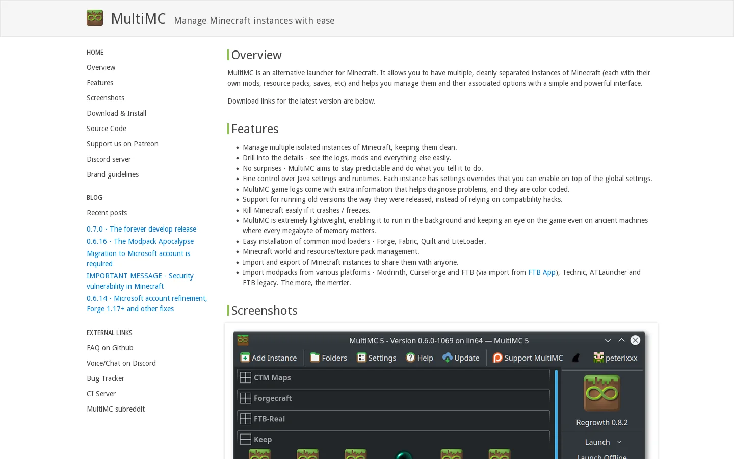 MultiMC Homepage screenshot
