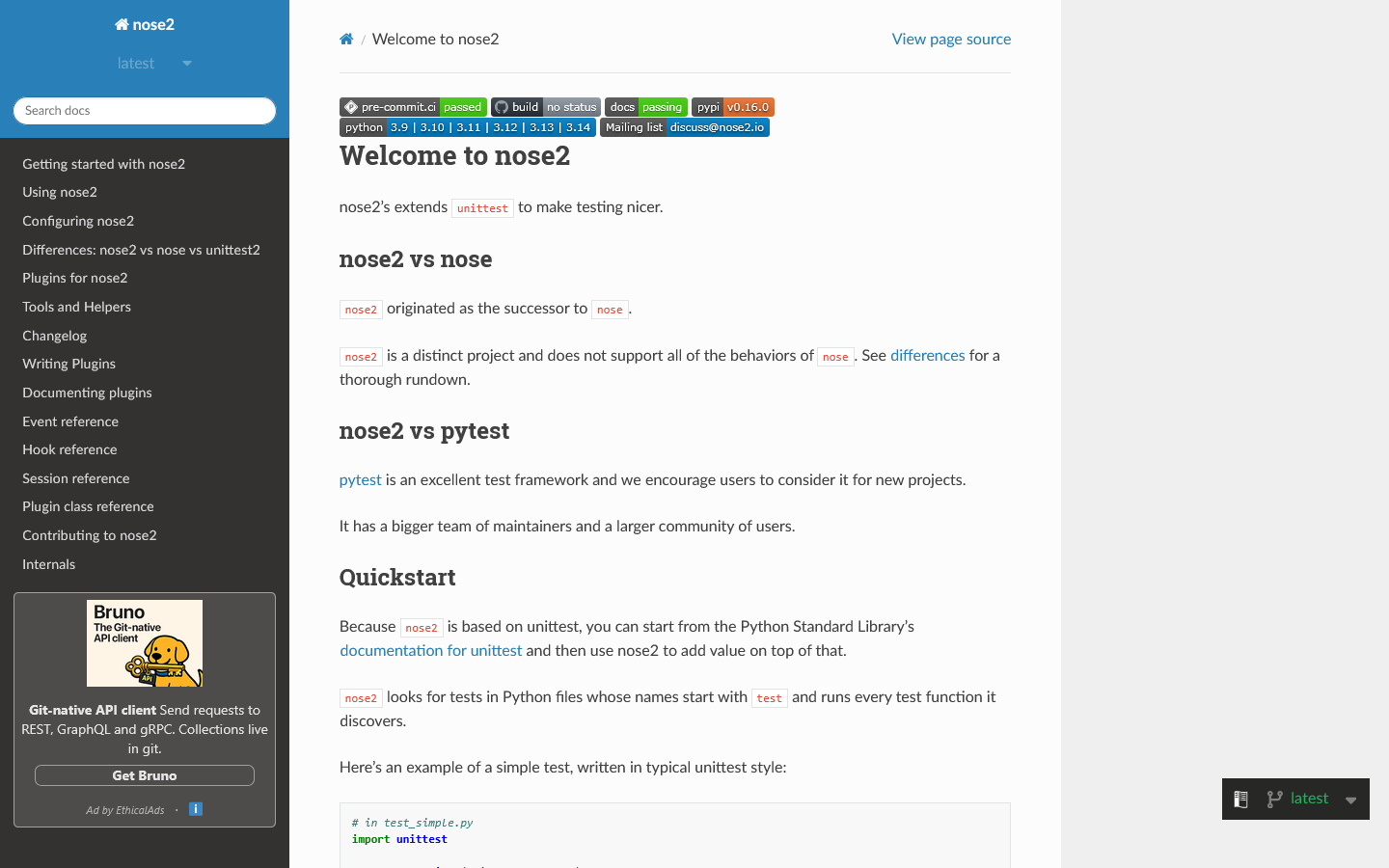 Welcome to nose2 — nose2 0.16.0 documentation Homepage screenshot