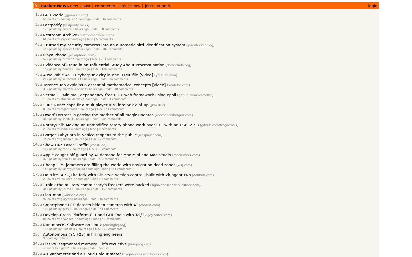 Hacker News Homepage screenshot