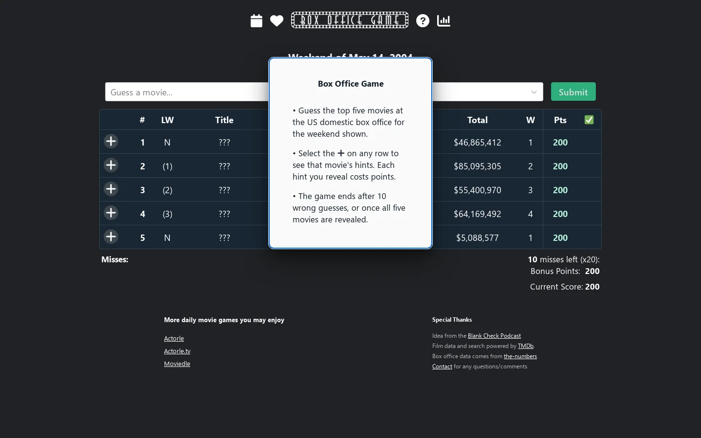 Box Office Game Homepage screenshot