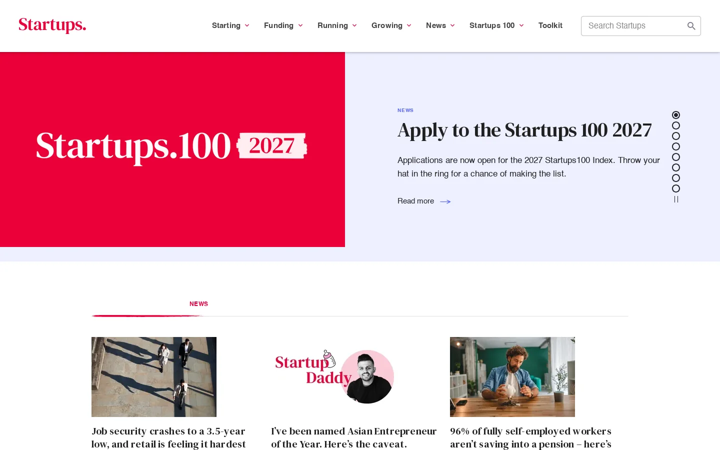 Startups Homepage screenshot