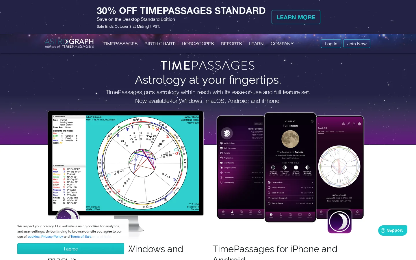 Astrology software, charts, reports, plus free horoscope! | TimePassages Homepage screenshot